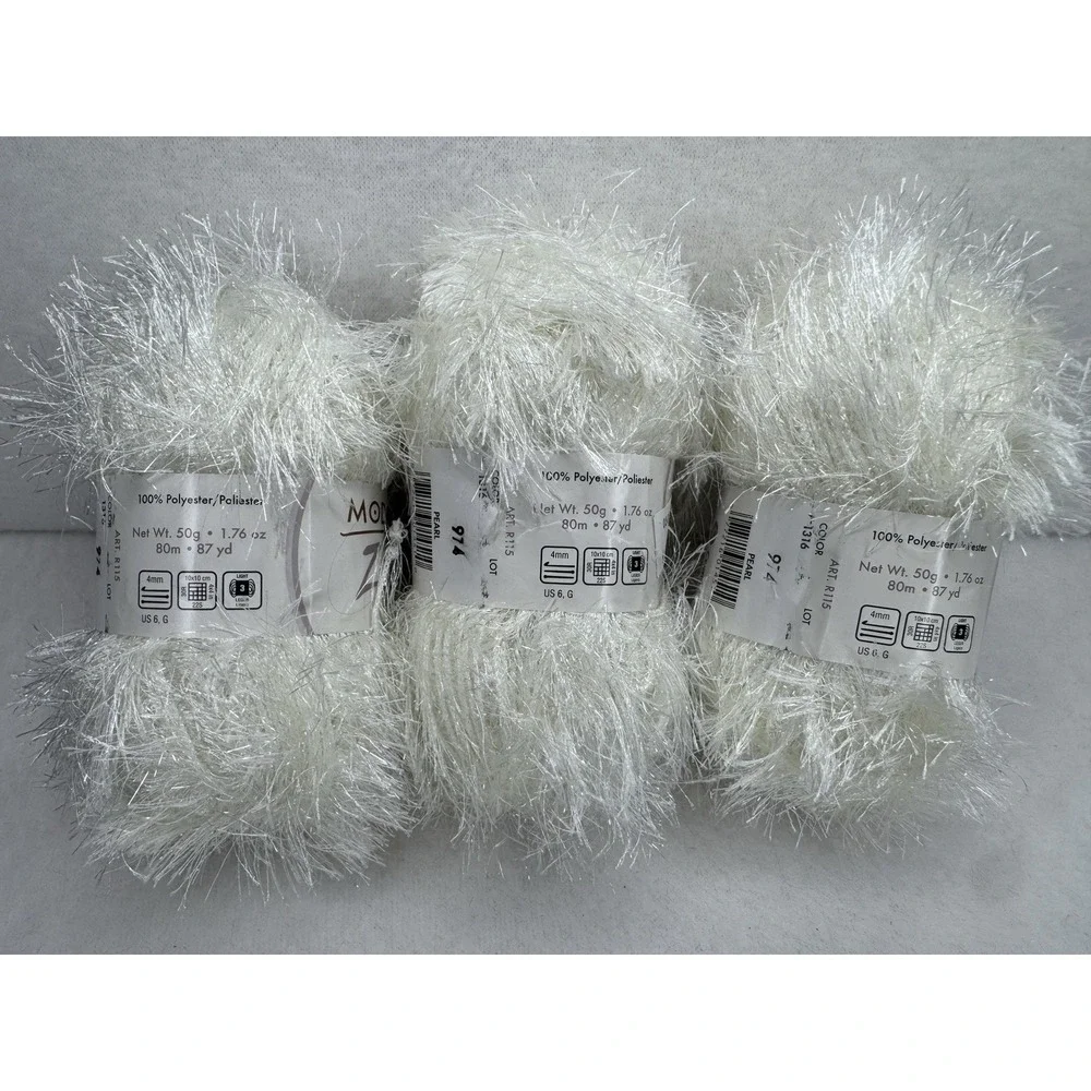Moda Dea Zing Eyelash Yarn Pearl‎ White Lot 3 Skeins Polyester